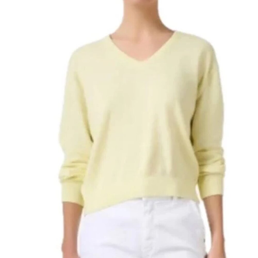 NWT White + Warren Organic Cotton Ribbed Trim V-Neck Sweater Lemon Sorbet L